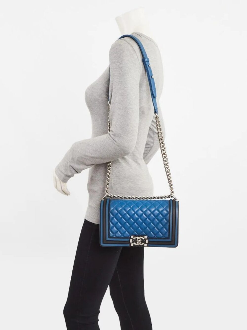 Chanel Blue/Black Quilted Lambskin Leather Old Medium Boy Bag